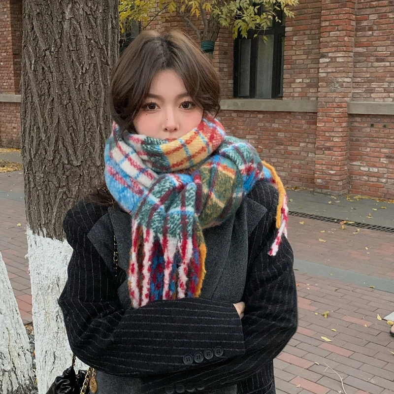 MoriBty New Winter Plaid Scarf Women Men Rainbow Colorful Hijab Pashmina Korean Version Warm Tassle Shawl Wraps Bufandas 2022