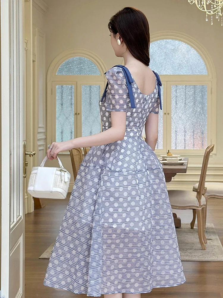 Vintage Cute Blue White Polka Dot Midi Dress Women's Sheer Swing Ball Gown Female Casual Daily Party Vestidos Dating Prom Robe