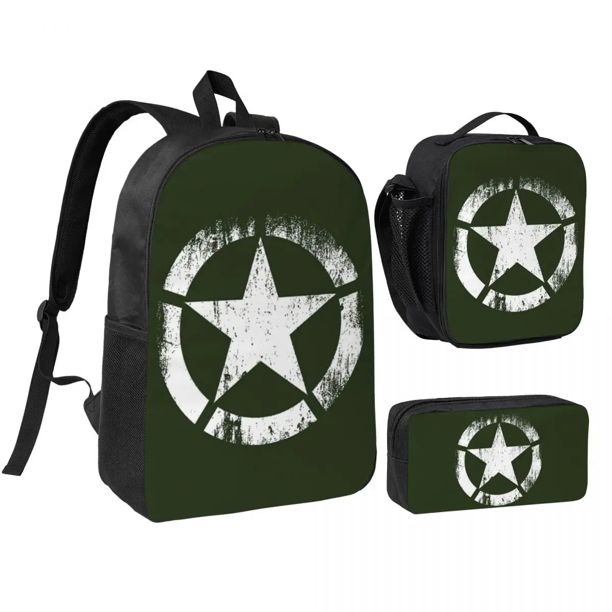 America Army Military Star Backpack Student BookBag School Bag Shoulder Bags 3ps Insulated Lunch Bag Pencil Case