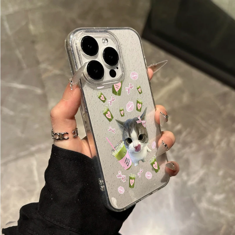 Niedliche Matcha-Katzenmuster Handyhülle für iPhone 17 Pro Max Air 16 15 14 13 12 11 XS X XR 7 8 Plus 16E 17E Glitzer Transparente Weiche Hülle – Detail 4