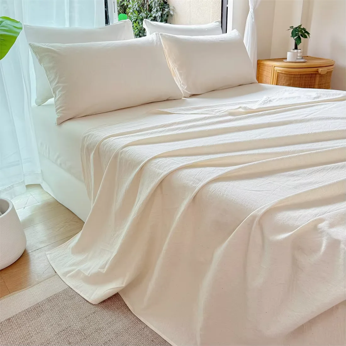 3pcs Linen Flax Sheet/Fitted Sheet Set(1 Flax Sheet+1 Fitted Sheet +1 Pillowcase)  Suitable All Seasons, Machine Washable