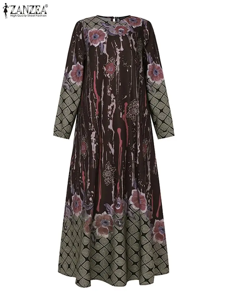 ZANZEA Women Muslim Fashion Maxi Dress Casual O Neck Long Sleeve A-line Vestidos Islamic Elegant Floral Printed Long Robe Abaya