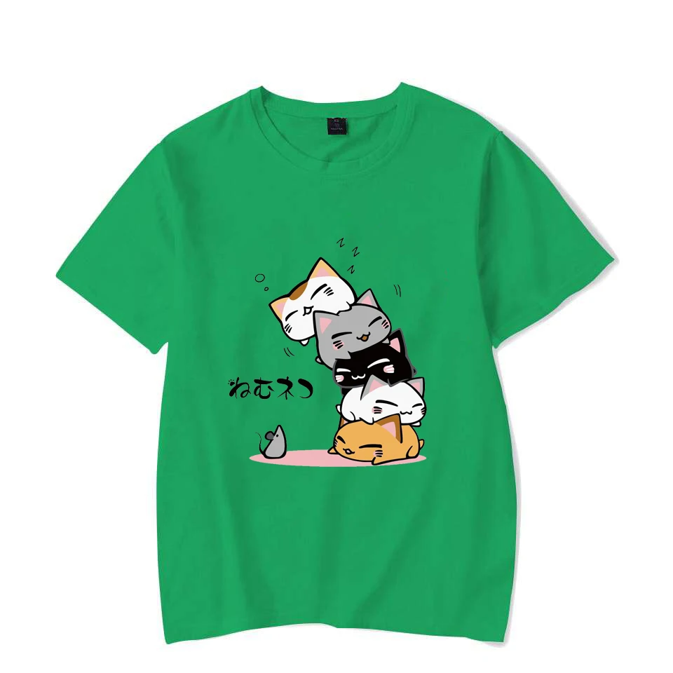 Japanese Trendy Cartoon Cat Print Men Women T-shirts Cute Casual Stacked Cat Pattern Unisex Shirts Street Fashion Harajuku Tees