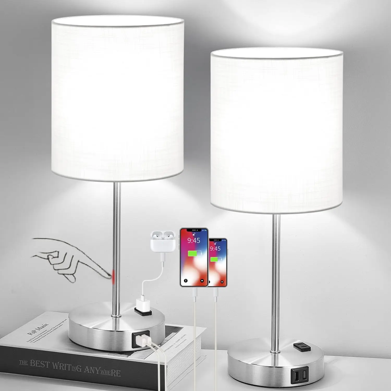 

Set of 2 Touch Table Lamps with USB Ports & AC Outlet, 3-Way Dimmable Bedside Lamps for Bedroom, 800 Lumens Daylight Bulbs Included