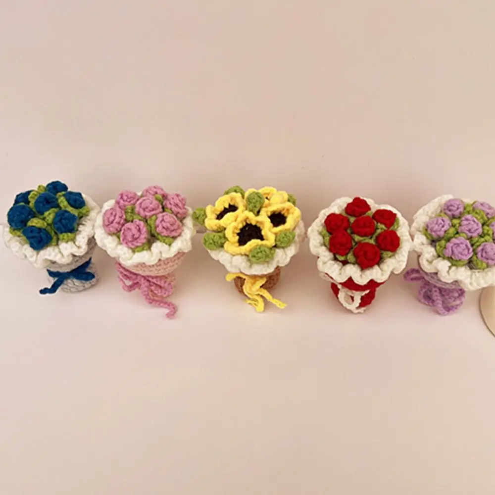 Mini DIY Crochet Flower Sunflower Rose Artificial Flowers Hand-Knitted Fake Flower Pendant Teacher's Day