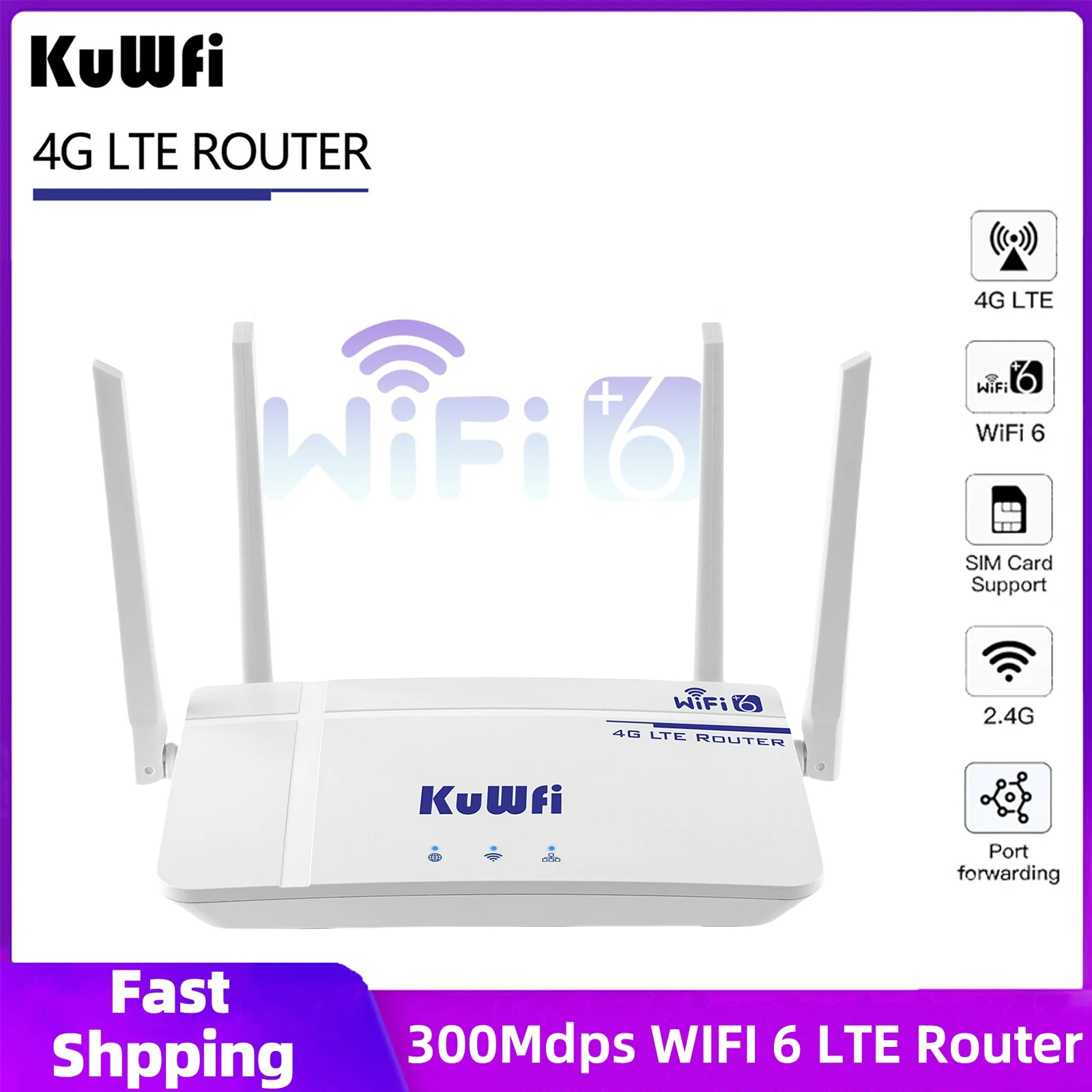 KuWFi 300Mbps Wireless Router WIFI 6 LTE Router With SIM Card  Slot 4G Modem Support 10User with Externanl Antenna Ethernet Port