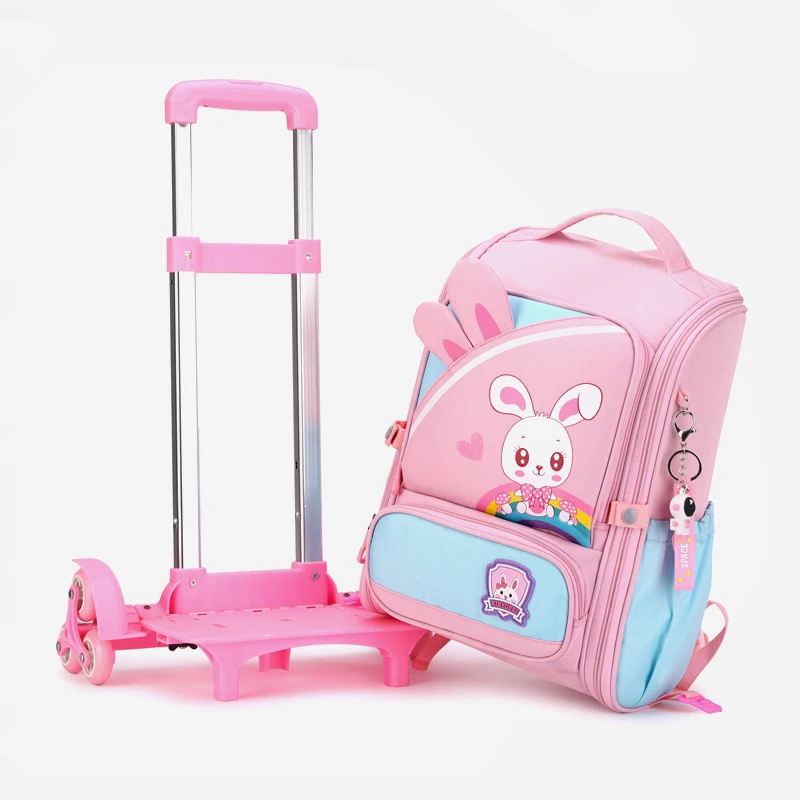 New Fashion Cartoon Children\'s School Bags with Wheeled Trolley Backpack Teenagers Girls Rolling Backpack Students Kids Backpack