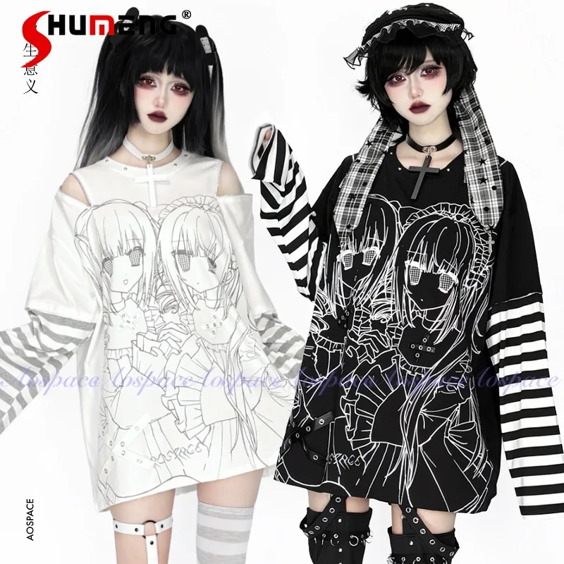 

Japanese Style Off-Shoulder Subculture Cartoon Cool Y2k Tshirt Printed Off-Shoulder Fake Two-Piece Long Sleeves T-shirt Pullover