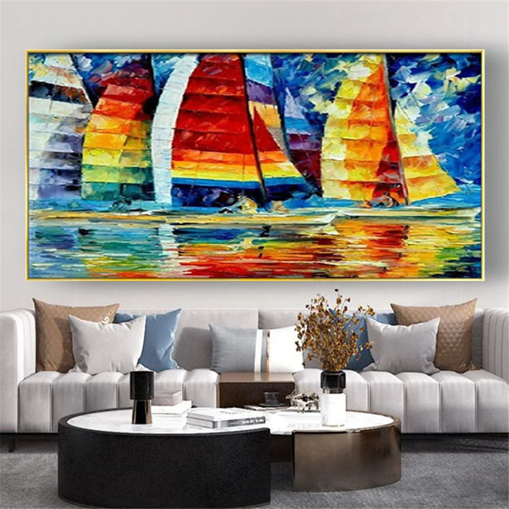 

Sailboat Canvas Mural 100% Hand-Painted Abstract Oil Painting Navy Blue Wall Art Picture Decor Home Living Room Pendant Artwork