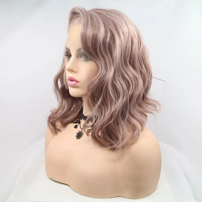 Smoky rosa peruca curta onda solta para mulheres, perucas sintéticas frente do laço, cabelo fibra resistente ao calor, moda cosplay, alta qualidade, 13x4