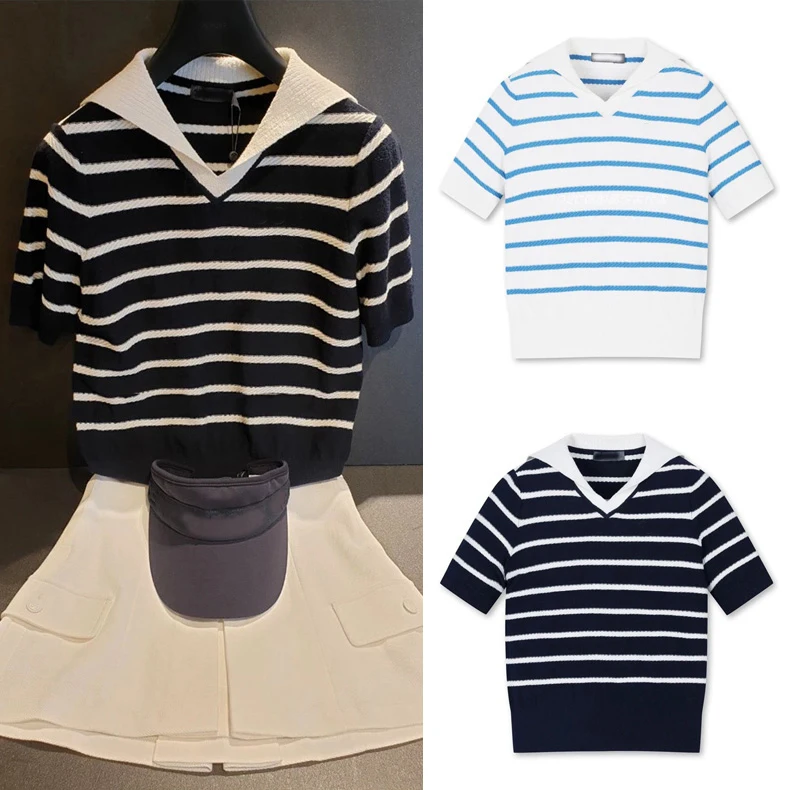 Summer Golf Shirt Women's Breathable Navy Collar Striped T-shirt Temperament Short Sleeve Knitted Shirt