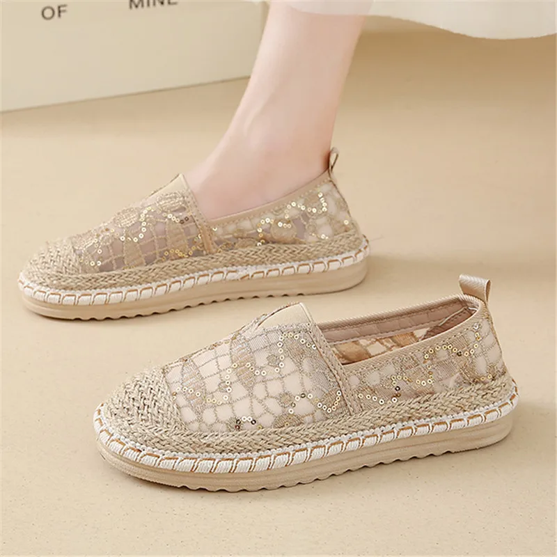 

Новые модные кружевные лоферы с блестками для женщин, эспадрильи без шнуровки, повседневные женские дорожные дышащие прогулочные туфли на плоской подошве