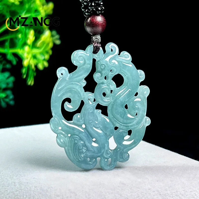 Natural Jadeite Hollow Dragon Phoenix Chengxiang Pendant Hand-carved Exquisite Fashion Men\'s and Women\'s Jewelry Necklace Mascot