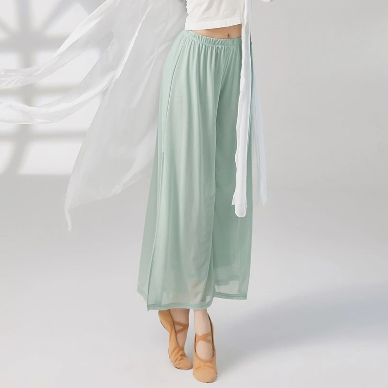 السراويل الرقص الحديثة للنساء شبكة النايلون فضفاضة واسعة الساق الرقص السراويل الصينية الكلاسيكية الرقص اليومي السيدات اليوغا السراويل
