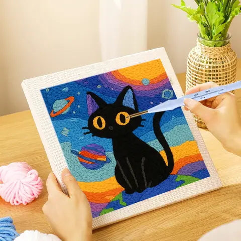 punch needle embroidery set kit Cat Cute Animal Picture Embroidery frame Cross stitch kits crafts for adults Diy Gift 25x25cm