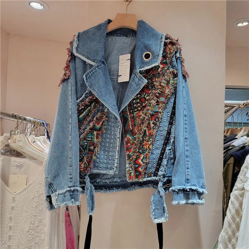 

Европейская станция 2023, осенний новый костюм с воротником, свободный дизайн BF, ленивый стиль, джинсовая куртка с вышивкой и заклепками для женщин, модная