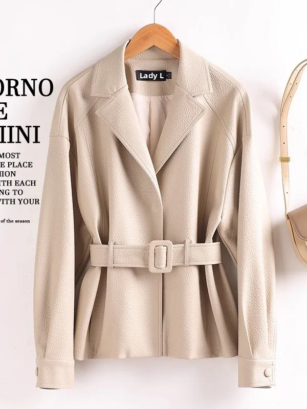 Real Leather Jaet Women ort Sle Spring Autumn New Model Waist Cinching Briti Sle eepskin Coat Trendy Commute Sle