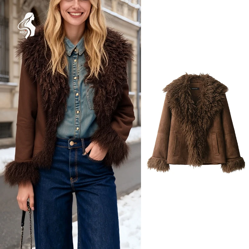 

RECJI Womens Jacket Coat Faux Fur Effect Long Sleeve Fur Collar Short Jacket Fashionable And Versatile Winter Essential Item