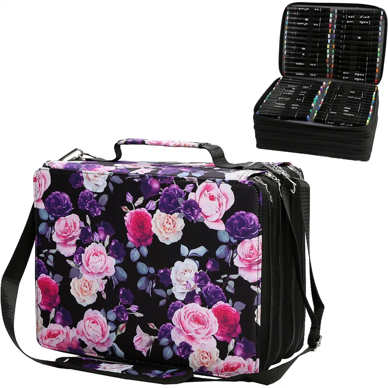 

224 Slots Alcohol Marker Case, Rose Red Marker Bag for Art Sketch Markers, Portable Carrying Holder with Shoulder Strap