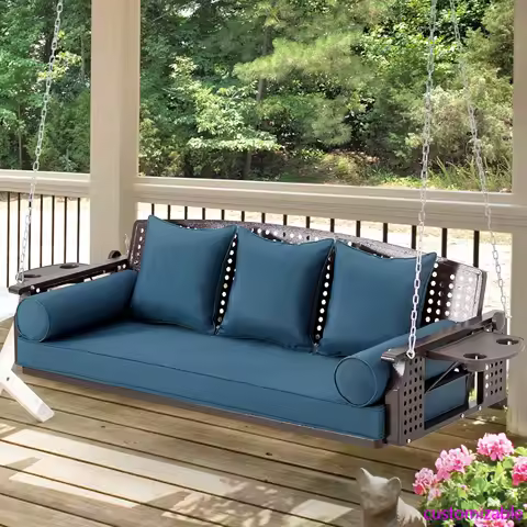 3 Seat Porch Swing, Patio Swing Bench with Cup Holders &amp; 3 Back Cushions, Swing Chair with Chains for Deck Garden Backyard