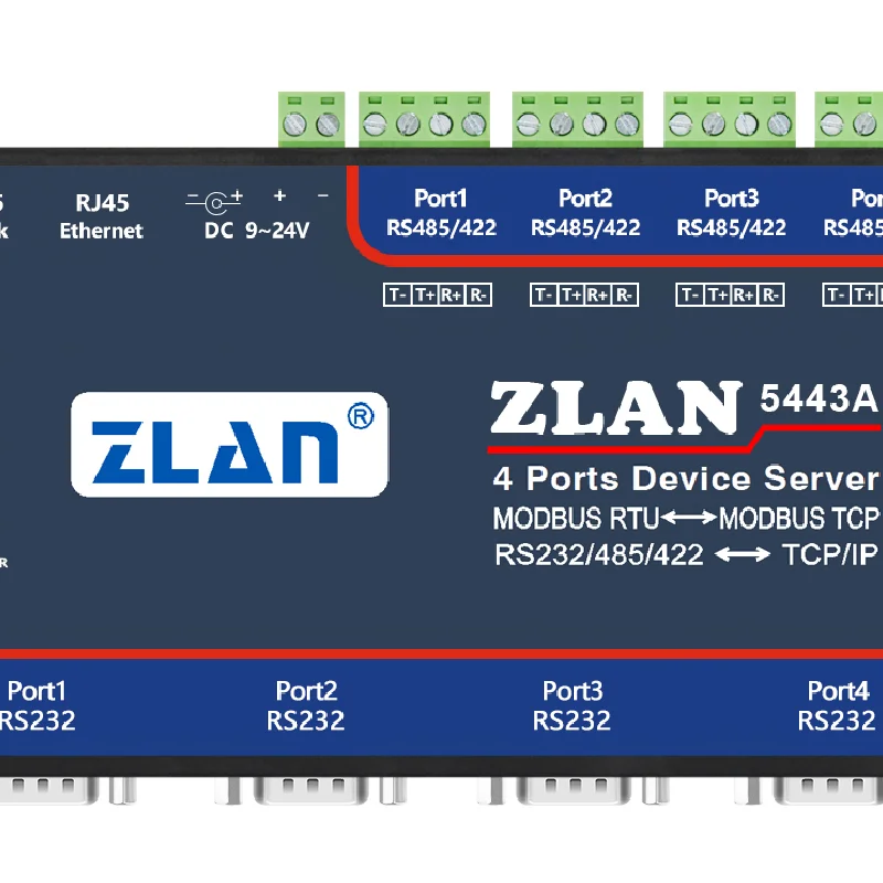 Servidor de dispositivo de serie de entrada TCP, Ethernet Modbus RTU, RS232, RS485, RS422, 4 puertos