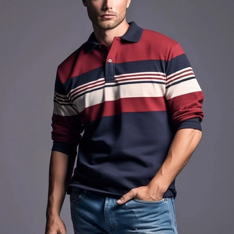 New In Striped Graphic Polo Shirts For Men Simple Autumn Business 3D Printed Long Sleeve Golf Polo Casual Daily Wear Tees Tops