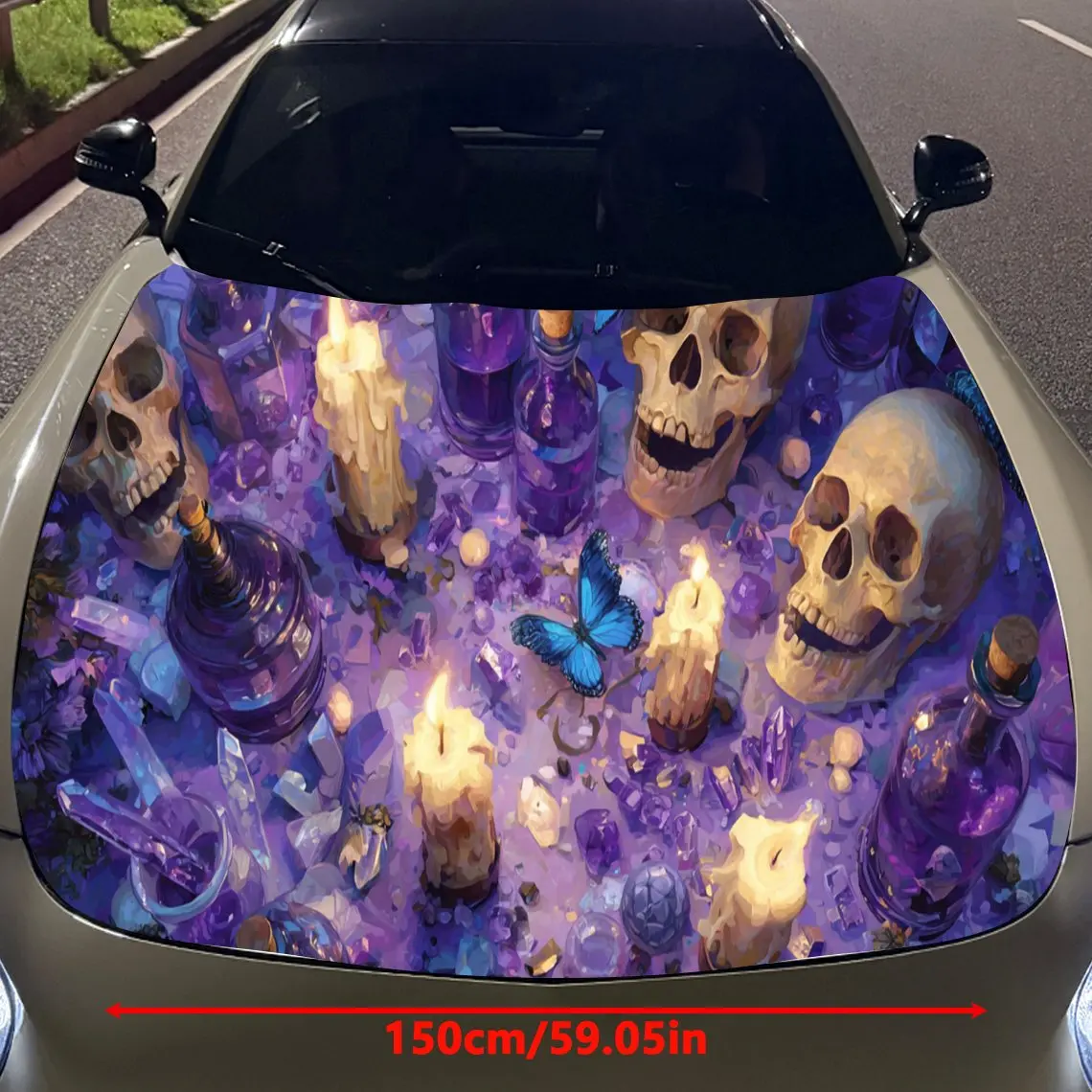 Purple Candle Skull Car Hood Sticker PVC Self Waterproof Stick, Striking Auto Exterior Accessories Decor Protect Gift for Lover
