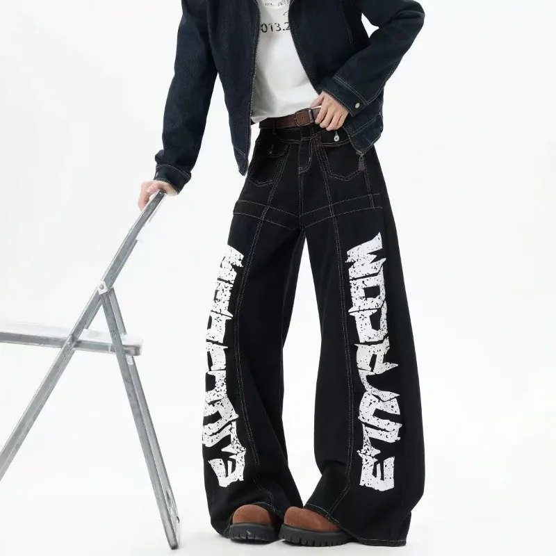 Streetwear Printed Jeans for Men Wide Leg Y2k Pants Women Black Denim Jeans Hip Pop Baggy Pants Fashion Men Clothing Unisex