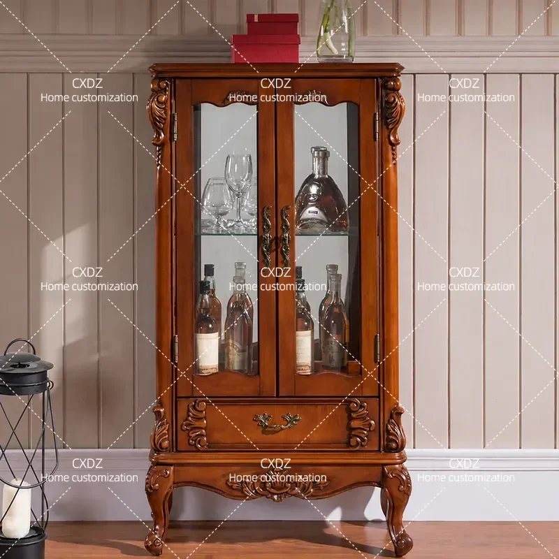 Solid Wood Double Door Wine Cabinet with Glass Display Storage Locker for Living Room Home Decor