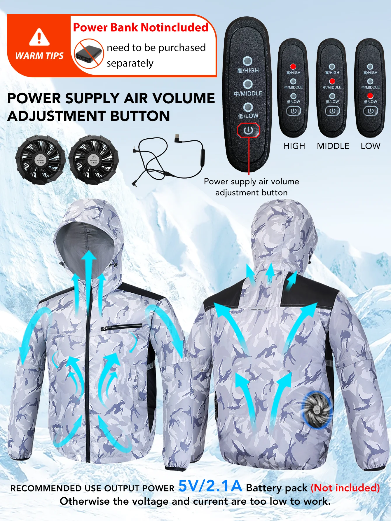 

Long sleeved hooded fan suit,with 2 fans,9-blade fan,3-speed adjustment,for fishing,High air volume,Battery pack not included