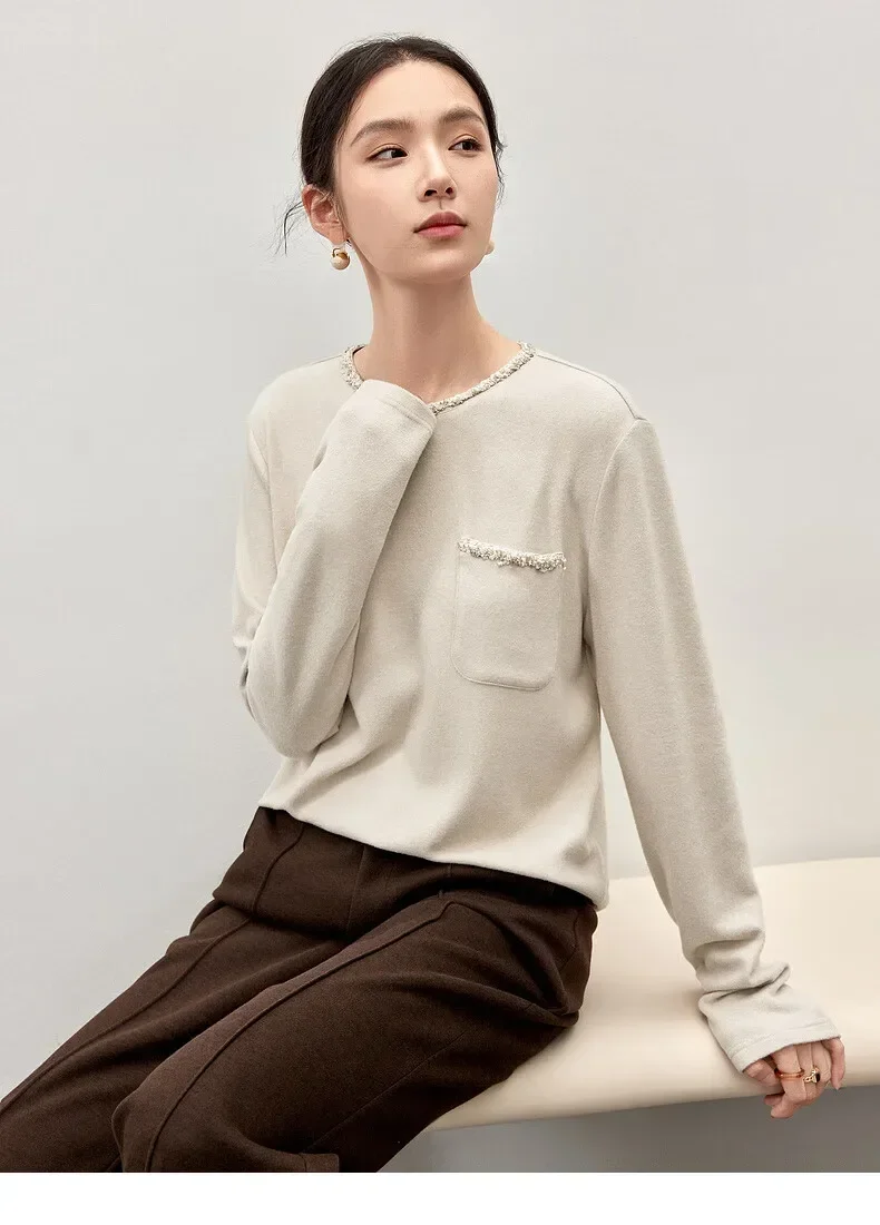 SENTUBILA Casual Loose Knit T Shirt Women 2024 Autumn Winter Woven Tape O Neck Long Sleeve Simple Tops Women Clothing 143T56913