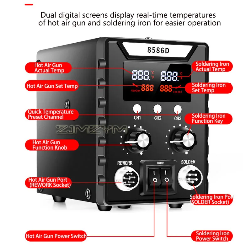 2 in 1 Hot Air Rework Station Digital Soldering Station ESD Safe SMD Desoldering Welding Tool Kit for PCB Phone Repair 110V/220V - view 6