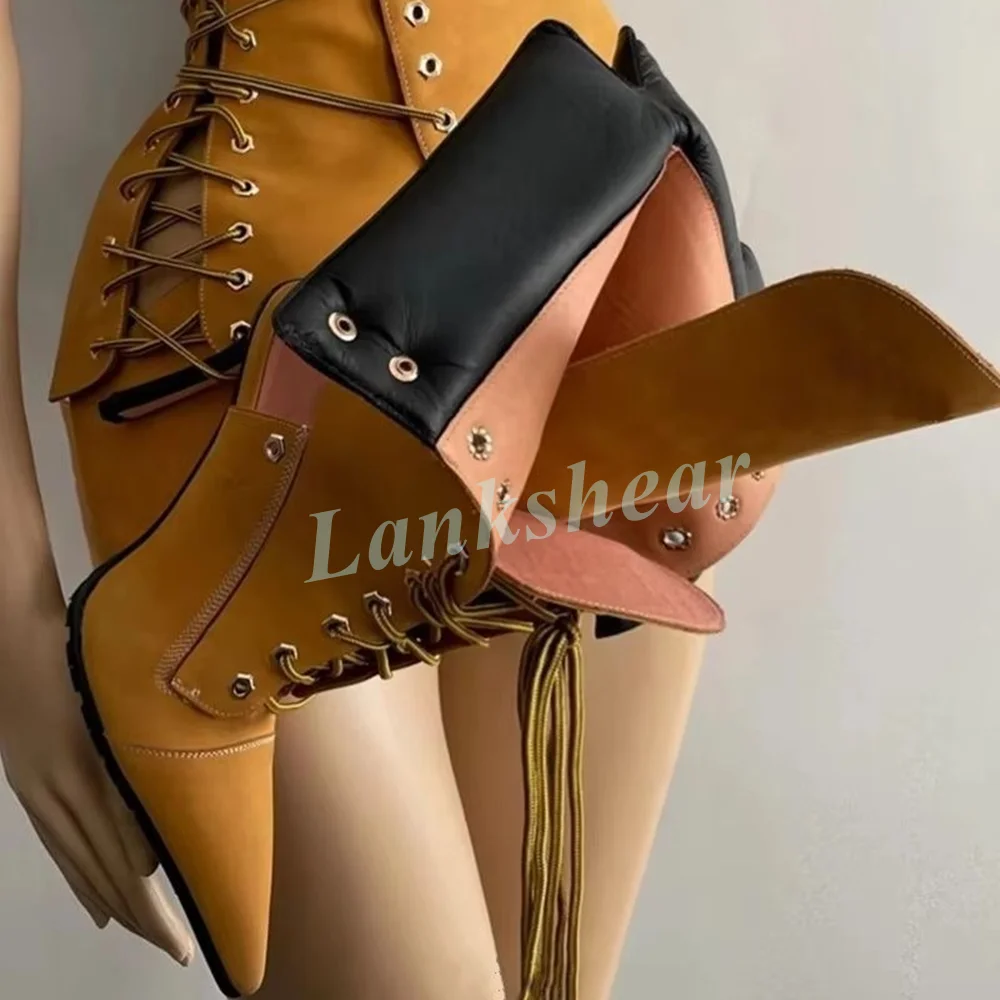 Front Lace Up Patchwork Gladiator Ankle Boots for Women Stiletto High Heel Pointed Toe Backless Booties Footwear Night-Out 2026