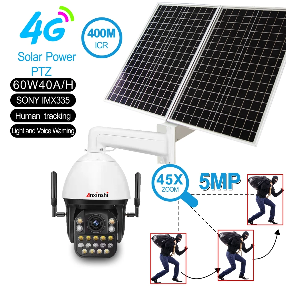 60W Solar Panel 40AH Battery  5 Megapixels 45X WIFI 4G SIM Card Camera PTZ Human Tracking Night Vision IR 400m Audio Camhi