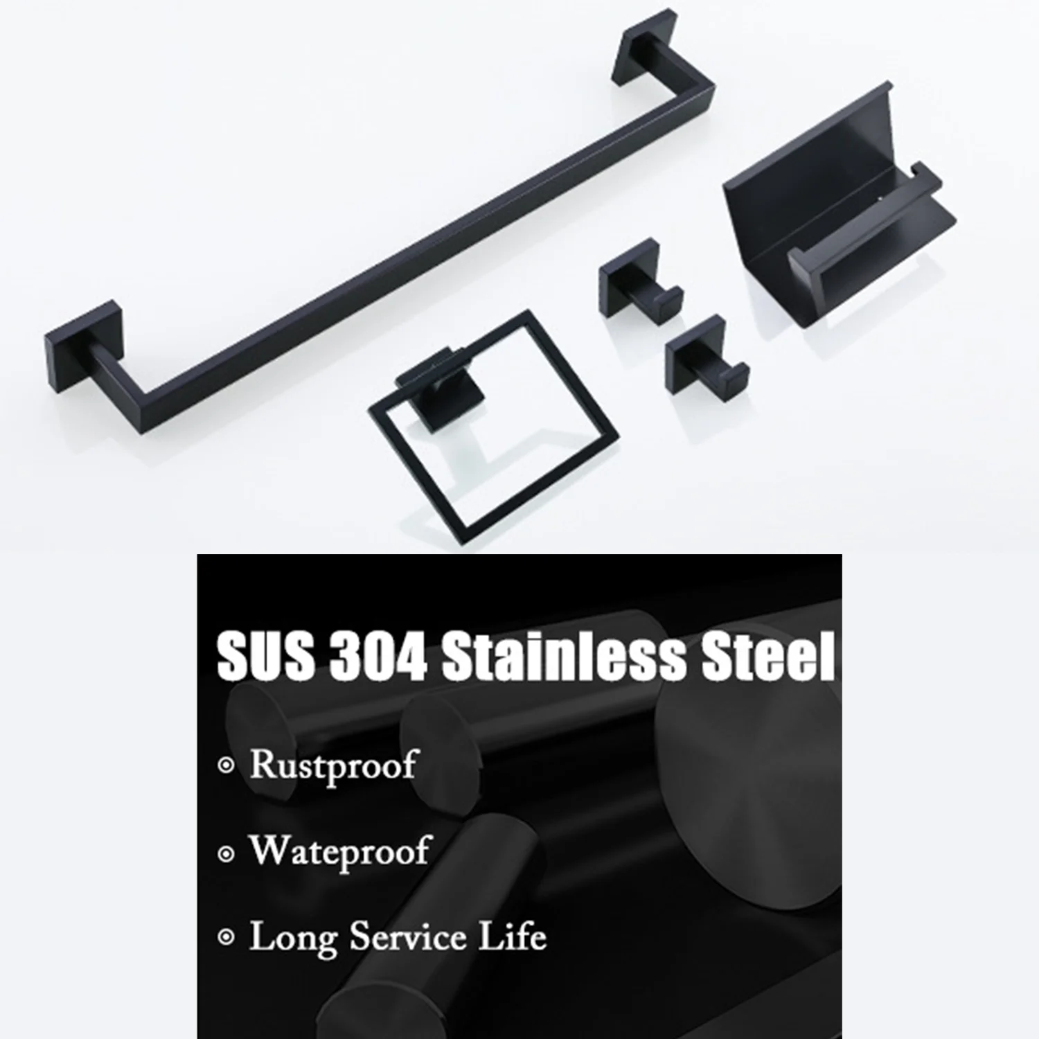 

5PC Hardware Accessories Set Stainless Steel Towel Bar Wall Mounted Square Toilet Paper Holder with Shelf for Bathroom Toilet