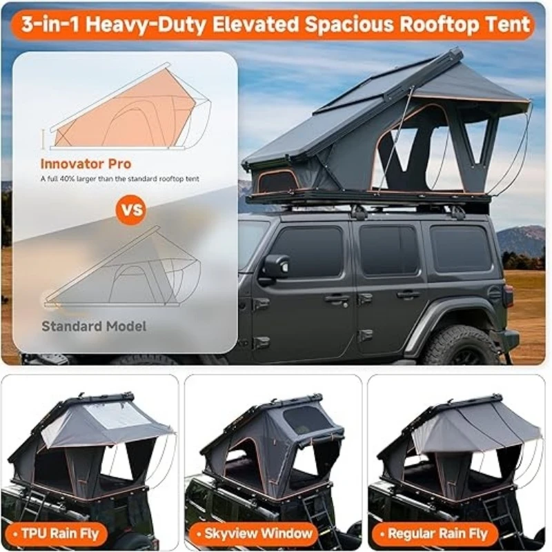 Overland Hard Elevated Rooftop Tent Equipped with Skyview Window, Telescopic Ladder and Full-Circle LED Light Strip, Fits