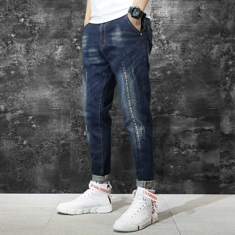 

Straight Jeans Patchwork Hip Hop Denim Pants Mens Clothing Leisure Elasticity Jean Stitching Male Clothes Fashion Trousers