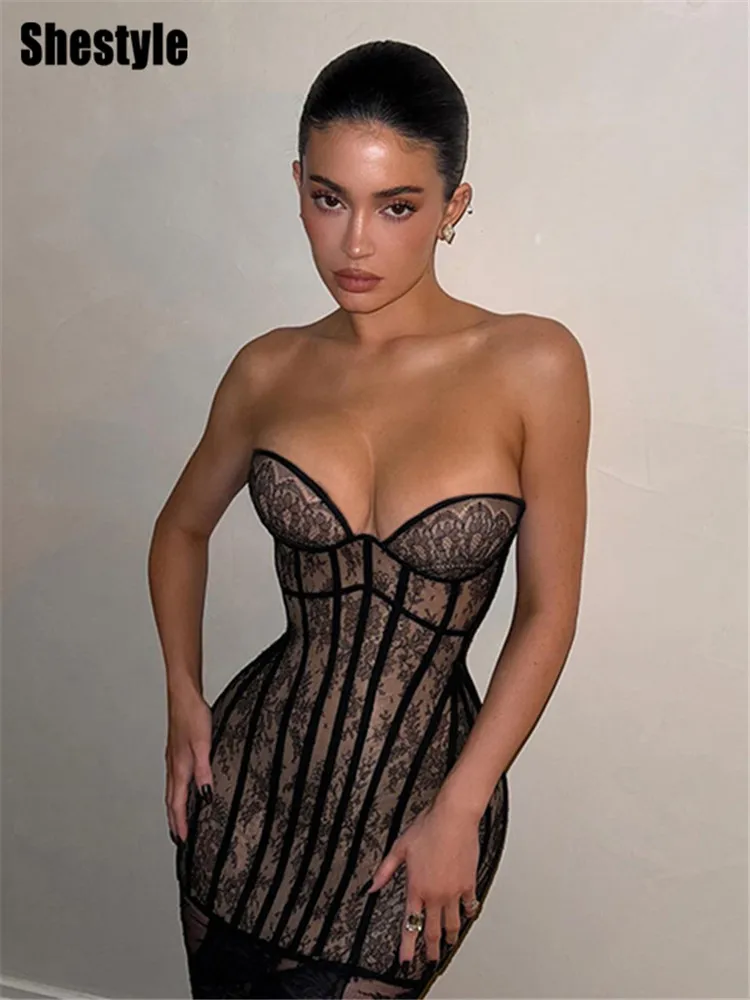 

Shestyle V Neck Sheath Chest Wrapping Dresses Women Slim Bodycon Strapless Striped Lace Beige Sleeveless Outfits 2025 Summer
