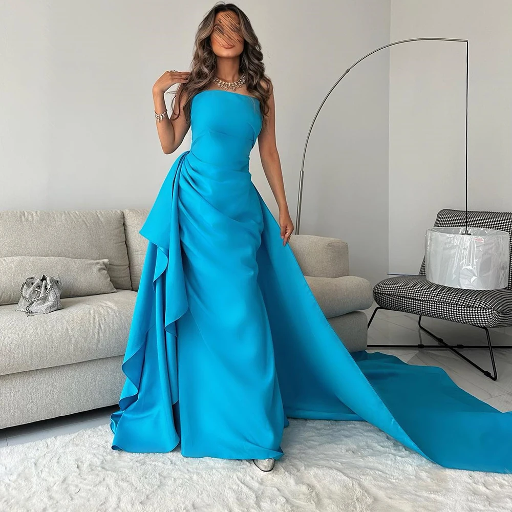 Strapless Sleeveless Straight Pleats Jersey Panel Train Floor Length Backless Solid Color Custom Size Evening Party Dress Woman