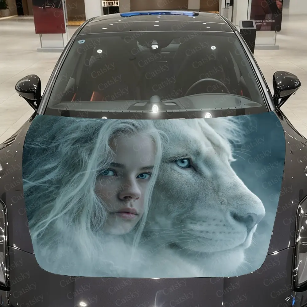Girl And White Lion Car Hood Stickers, Eye-catching Patterns, Multi-purpose Stickers, Gifts For Friends, Christmas Decoration St