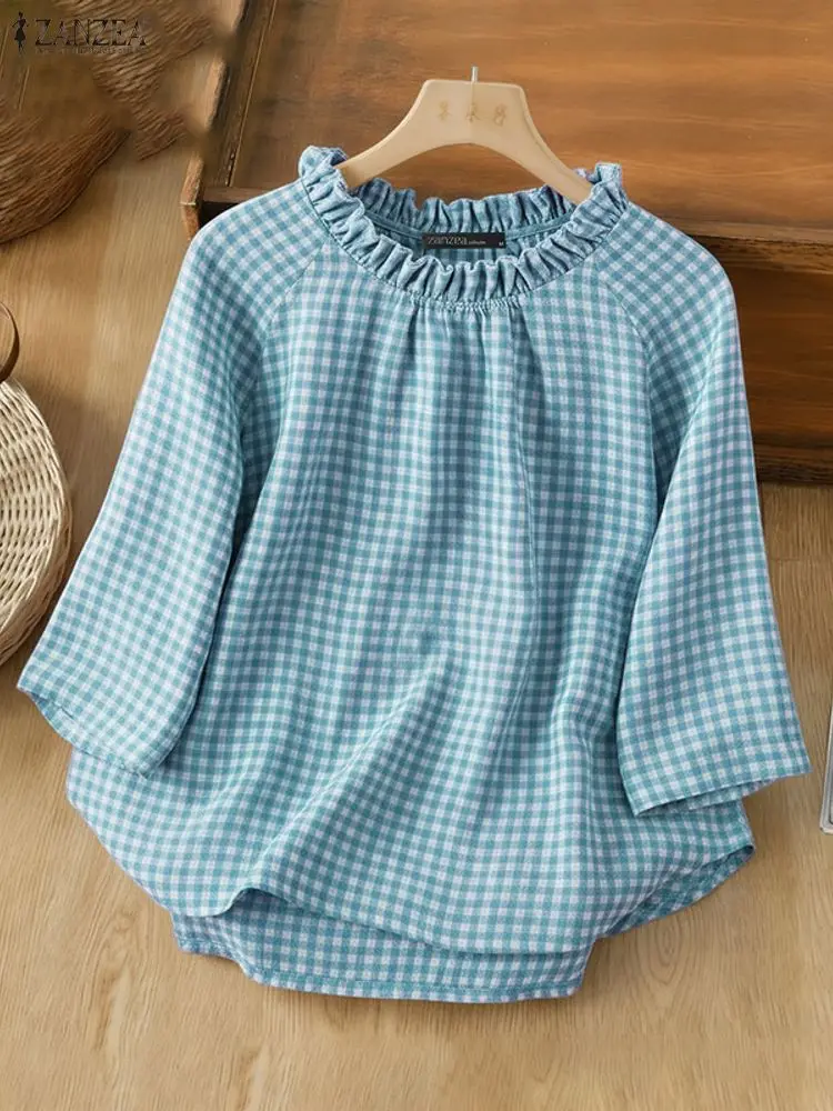ZANZEA Vintage Women's Fashion Blouse Plaid Shirts Round Neck 3/4 Sleeve Casual Tops Autumn Print Famale Clothing Korean Blusas