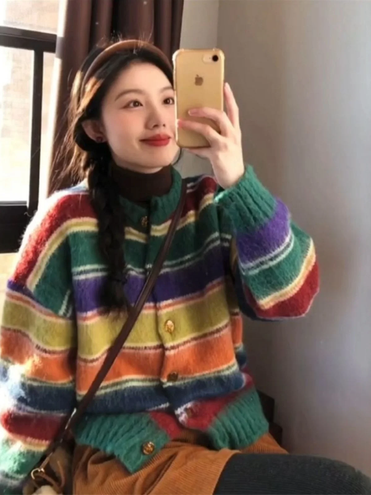 

Sweet Korean Sle Knitted Cardigan Women's Loose Sweater Striped Tapestry Long Sve round Ne Pullover Autumn Winter Faion