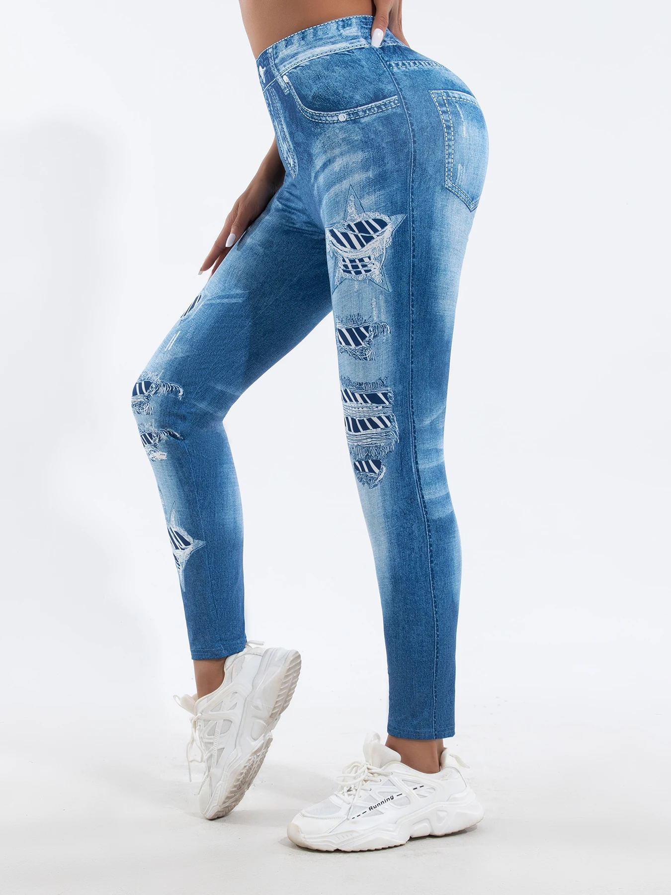 New High-waisted Imitation Denim Leggings Women Europe And America Sexy Tight Height Elastic Waist Nine-point Pants Women