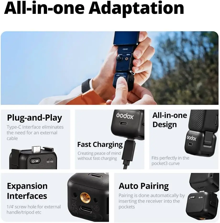 ميكروفون GODOX Cube-OP3 اللاسلكي Lavalier لـ DJI Osmo Pocket 3، إلغاء الضوضاء، عمر البطارية 10H، ميكروفون لاسلكي صغير للكاميرا