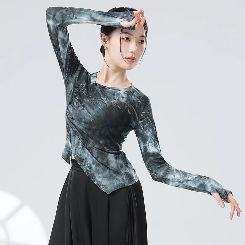 Tie Dye Floral Print Dance Shirt Finger Thumb Long Sleeve Tee Dancewear Women Tops Fancy Cloth Classical Modern Dance Stage 2024