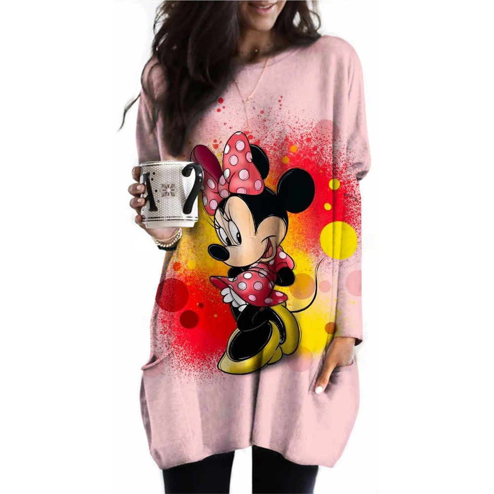 Women\'s Spring and Autumn New S-3XL Large T-shirt Solid Color Long Sleeve Loose Disney\'s Mickey Mouse Casual Harajuku Waist T-sh