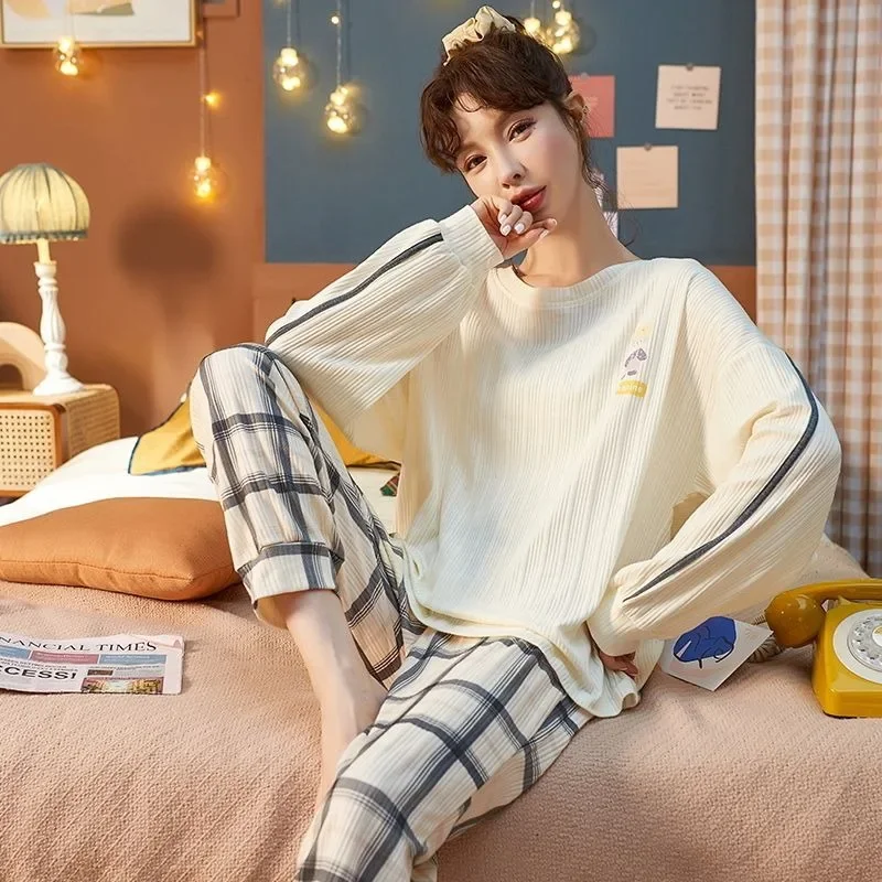2023 New Pajamas Women's Spring Autumn Long Sleeve Loungewear Student Dormitory Can Wear Homewear Sets Cotton Loose Nightwear