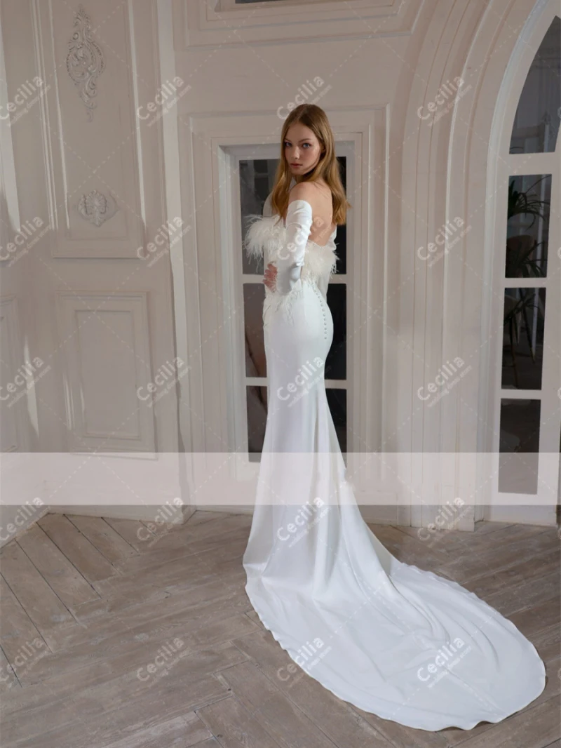 Luxury Wedding Dresses Modern Bridal Gown Off The Shoulder Mermaid Feather Decoration Graceful Vestidos De Novia 2024 Customized