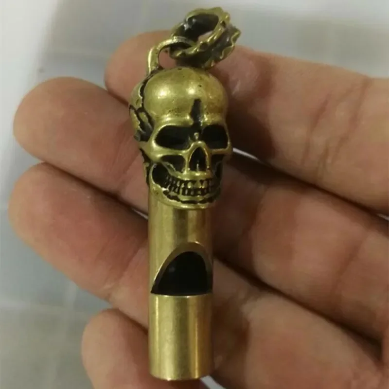 Old Chinese Archaize Brass Copper Handmade Skull Head Whistle Key Ring