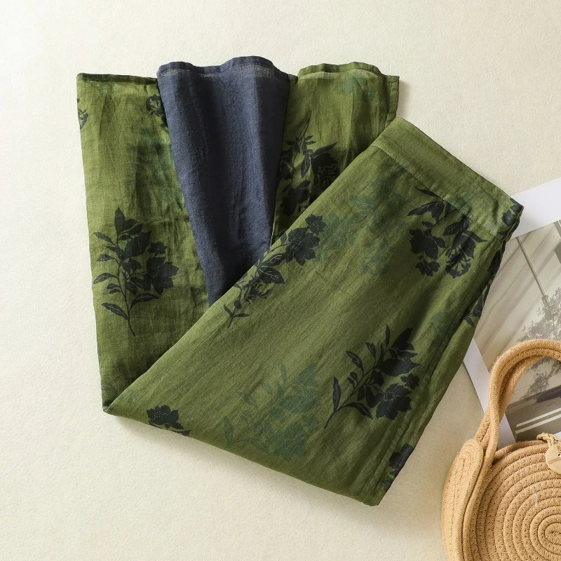 

Chinese Style Green Ethnic Floral Print Skirt Women Loose Ramie Frog Button Split Soft Midi Skirts High Waist Y2k Clothes
